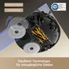 Close-up view of the underside of a robot vacuum cleaner, highlighting its brushes and mopping pads, with marketing text and a certification logo. Produktbild-Vorschau