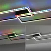 A collage of a modern LED ceiling light with a geometric design, showing different lighting effects. Produktbild-Vorschau