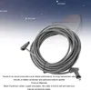 A coiled gray cable with connectors on a light blue and white background with abstract lines and a satellite dish graphic. Voir les images du produit
