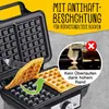A waffle maker with waffles being made, and marketing text highlighting features. Produktbild-Vorschau