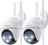 Two white security cameras with black camera lenses and three white LED lights are mounted on white brackets with antennas. The cameras are positioned side-by-side against a white background. Produktbild-Vorschau