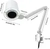 A white adjustable lamp with LED lights, clamped to a surface, with dimensions indicated by text overlays. Podgląd zdjęcia produktu