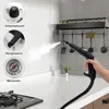 A hand holding a steam cleaner in a kitchen setting, with close-ups of its features. Produktbild-Vorschau