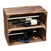 A wooden crate used as a wine rack, with wine bottles and corks inside. Náhled obrázku produktu