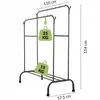A black metal garment rack with two tiers and a shoe rack at the bottom, shown with dimensions and weight capacity indicators. Anteprima dell’immagine prodotto