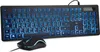 A black keyboard and mouse set with blue LED backlighting, shown on a white background. Produktbild-Vorschau