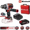 A collage of a cordless drill, its battery, charger, and carrying case, along with marketing text and logos. Produktbild-Vorschau