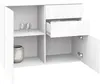 A white, high-gloss sideboard with two doors and two drawers, partially open to reveal the interior storage space. Two glass candle holders and a decorative vase are placed on the shelves. Produktbild-Vorschau
