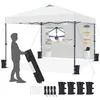 A person is shown setting up a white pop-up canopy tent. The tent is shown from the front, with accessories like stakes, ropes, and weights laid out in the foreground. Produktbild-Vorschau