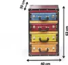 A chest of drawers designed to look like vintage suitcases, with dimensions indicated. Podgląd zdjęcia produktu