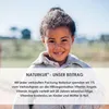 A young girl smiling in an outdoor setting with a text overlay about a charitable contribution. Produktbild-Vorschau