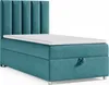 A turquoise upholstered boxspring bed with a white topper and a fluted headboard, shown from a side angle against a white background. Produktbild-Vorschau