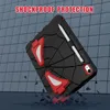 A black and red iPad case with a spiderweb design is shown at an angle, with pieces of the background appearing to shatter around it. A stylus is inserted into a holder on the case. Produktbild-Vorschau