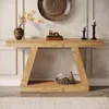 A wooden console table with decorative items on it, placed against a wall with decorative molding. Podgląd zdjęcia produktu
