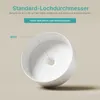 A white ceramic sink with a diagram indicating its standard hole diameter. Produktbild-Vorschau