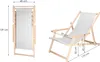 Two views of a foldable wooden deck chair with dimensions indicated by text and lines. Náhled obrázku produktu
