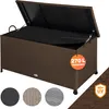 A brown wicker-style storage box with its lid open, showing the interior. Several color swatches are displayed below the box. Produktbild-Vorschau