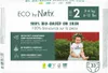 The front of a package of Eco by Naty diapers, showing a baby and product features. Podgląd zdjęcia produktu