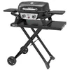 A black portable gas grill with a folding stand and wheels, shown against a white background. Produktbild-Vorschau