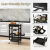 A kitchen cart with various features highlighted by text overlays, set against a kitchen background. Náhled obrázku produktu