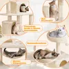 A collage of images showcasing different features of a cat tree, with cats interacting with it. Podgląd zdjęcia produktu