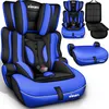 A collage of images showing a blue and black car seat in different configurations and components. Náhľad obrázku produktu