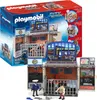 A Playmobil police station playset is shown, with the packaging in the background and the assembled playset in the foreground. Podgląd zdjęcia produktu