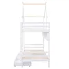 A white wooden bunk bed with a house-like frame on top, shown from the side with stairs and drawers. Anteprima dell’immagine prodotto