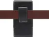 A black leather phone holster with a brown belt passing through its loop, presented against a white background. Produktbild-Vorschau