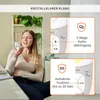 A woman is holding a baby monitor and speaking into it, with marketing graphics overlayed on the right side of the image. Produktbild-Vorschau
