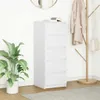 A white chest of drawers with five drawers is shown in a room with a plant and a coat rack.