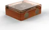 A 3D rendering of a retro-style CD player with a wooden base and a transparent lid. Produktbild-Vorschau