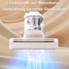 A close-up marketing image of a white handheld vacuum cleaner with a transparent dustbin, shown against a soft, draped beige background. Blue light beams emanate from the vacuum head, illustrating its sterilization feature, with stylized representations of Produktbild-Vorschau