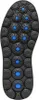 The image shows the sole of a black shoe with a distinctive pattern of circular treads and blue inserts. Voir les images du produit