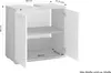 A 3D rendering of a white and light wood grain bathroom cabinet with dimensions indicated. Produktbild-Vorschau
