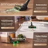 Collage of three images showing a cordless vacuum cleaner in different modes on different surfaces. Produktbild-Vorschau