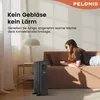 A woman is lying on a sofa using a laptop, with a Pelonis oil-filled radiator heating the room. Produktbild-Vorschau