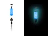A fishing bite indicator is shown in two states: unlit on a white background and lit on a black background. Produktbild-Vorschau