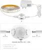 A product image showing an LED strip light with a motion sensor and power adapter, with a close-up view of the sensor and its specifications. Produktbild-Vorschau