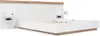 A modern white bed frame with integrated nightstands and a wooden headboard. Produktbild-Vorschau