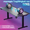 A gaming desk with a barbell on it to demonstrate its weight capacity. Voir les images du produit