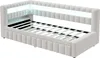A white upholstered bed frame with a slatted mattress base and integrated LED lighting along the headboard. Náhled obrázku produktu