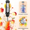 A black hand blender is shown in action, blending fruit into a drink, with additional images highlighting its motor and blades. Produktbild-Vorschau