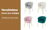 A collage of four chairs in different colors, with text on the left side describing color options and leisure. Produktbild-Vorschau