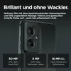 Close-up of a smartphone's rear camera module with marketing text and feature callouts. Produktbild-Vorschau