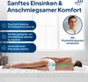 A person lying on a mattress, with text and a portrait of a man highlighting product features. Produktbild-Vorschau