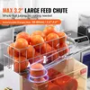 A close-up view of a commercial orange juicer, showcasing its large feed chute filled with whole oranges and highlighting its features with text overlays. Anteprima dell’immagine prodotto