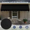 A black awning is installed over a window on a house, with a small table and chairs on a wooden deck below. A close-up of the awning fabric is shown in a circular inset. Náhled obrázku produktu