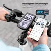 A person's hand is holding a smartphone next to an electric bike's handlebar display, showing app integration. Produktbild-Vorschau
