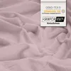 A close-up of pink fabric with a label showing certifications. Produktbild-Vorschau